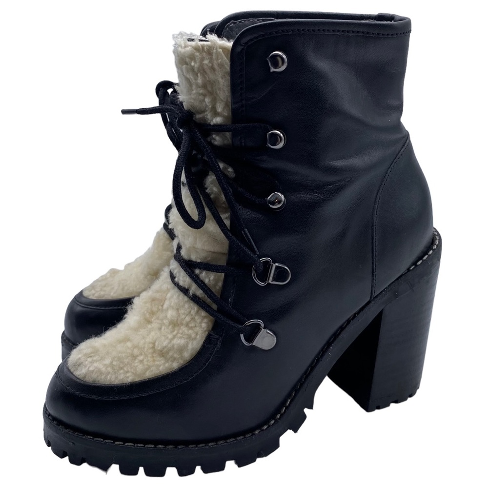 Seychelles Theater Black Leather Faux Fur Block Heel Ankle Bootie Size 6
